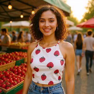 Shein Strawberry Print Halter Crop Top – Tie-Back, Cotton Blend, White/Red M